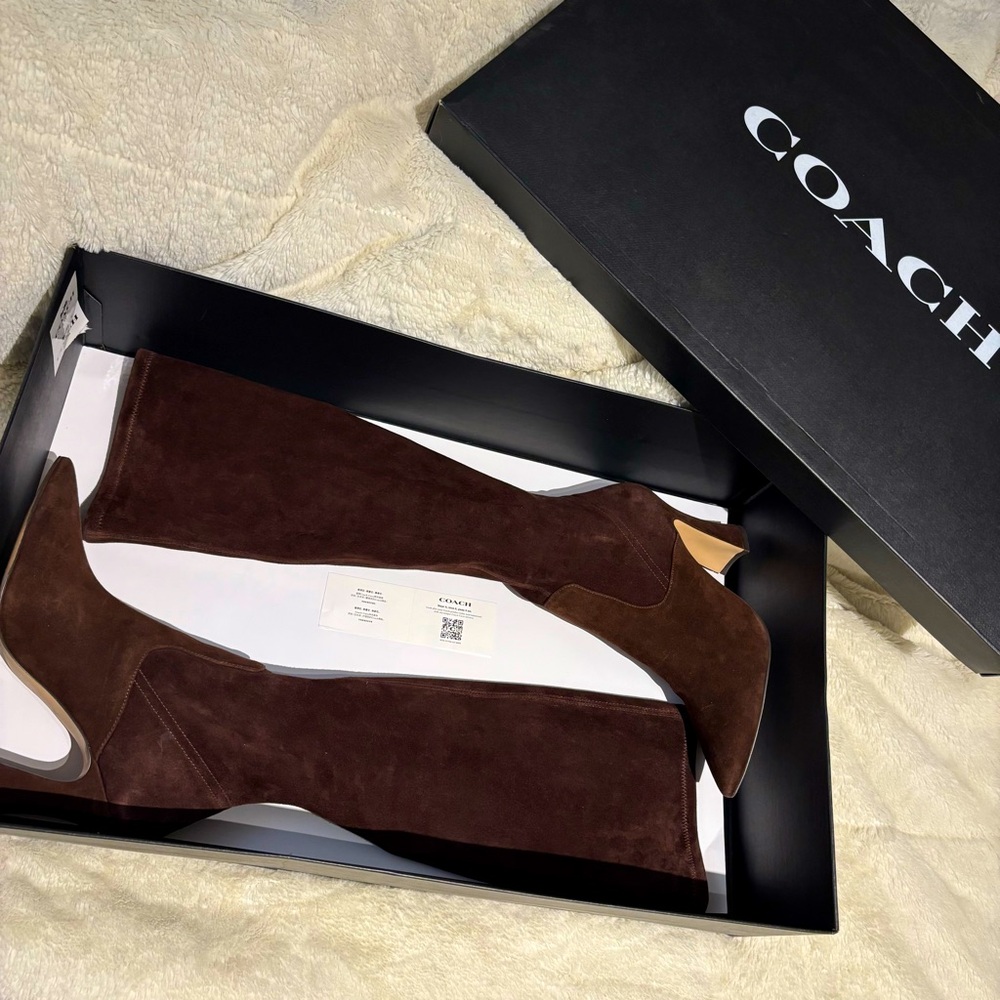 Coach Cece Stretch Pointed-Toe Knee High Boot 7.5, Maple brown